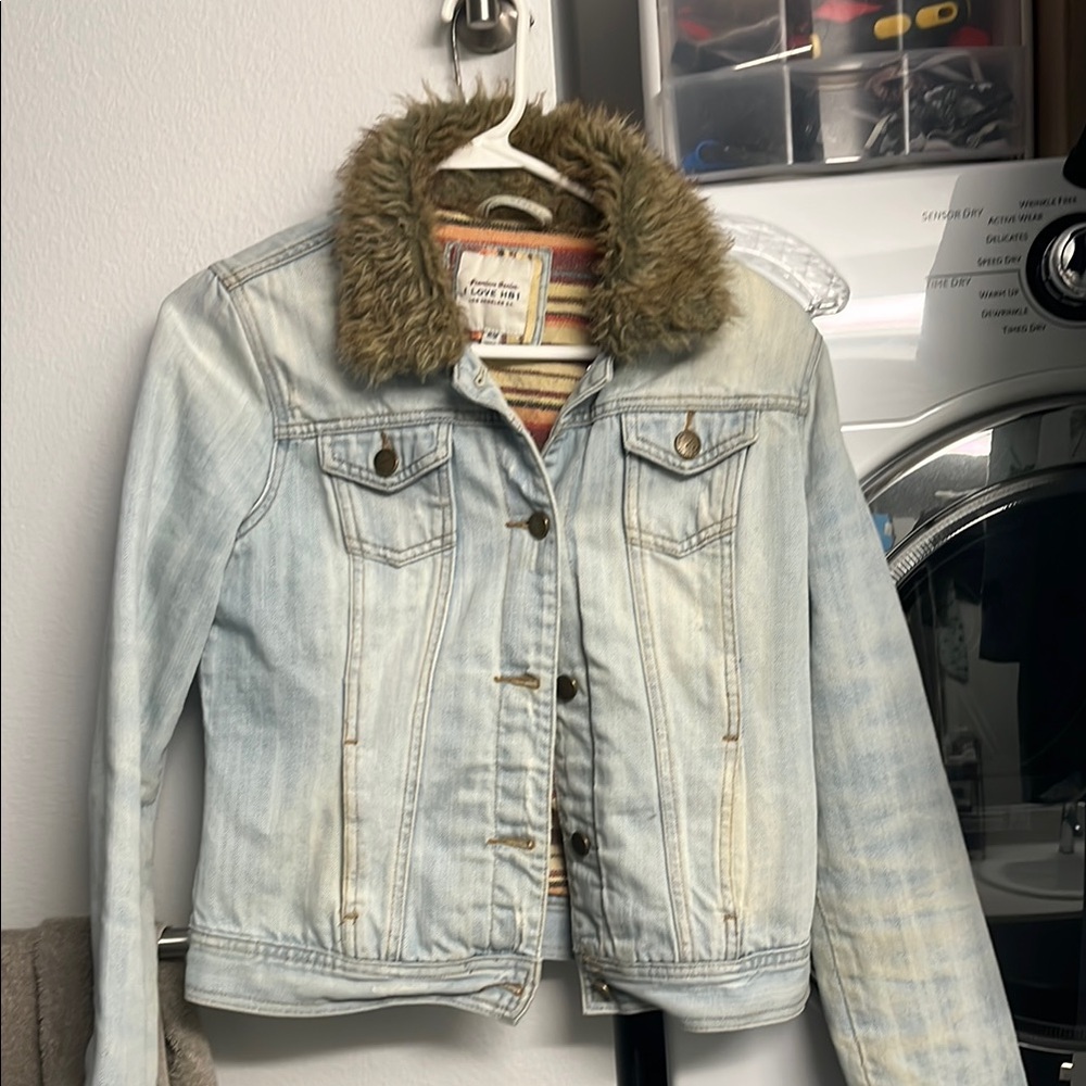 Hollister Blue and Brown Jean Jacket with Faux Fur Collar